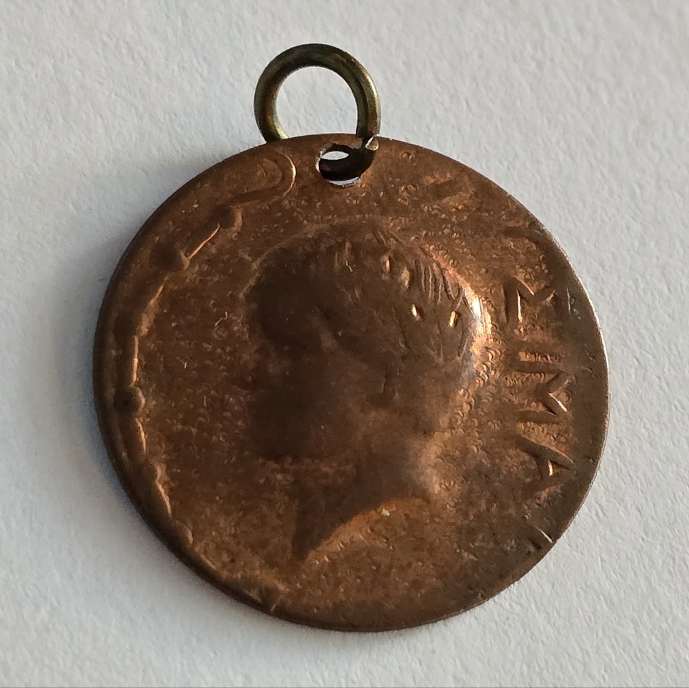 Vintage pendant copper tone numismatic charm jewelry faux coin